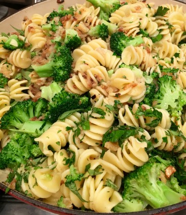 fusilli pasta with broccoli and breadcrumbs in skillet